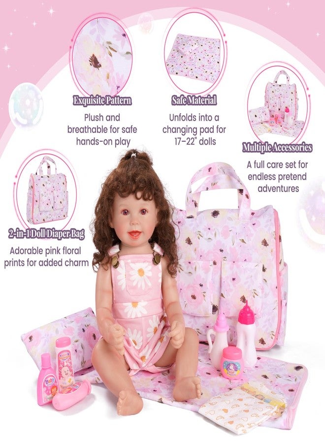 BABESIDE 10 Pcs Baby Doll Diaper Bag Set, Reborn Baby Doll Accessories Set with 2-in-1 Diaper Bag Changing Pad and Baby Dolls Bath Set for Kids Pretend Play Toys, Pink - Image 3
